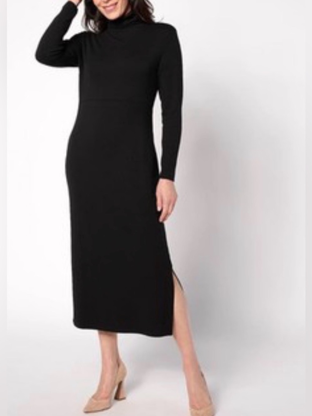 Women with Control Sz L Petite Finespun Jersey Tummy Control Midi Black Dress